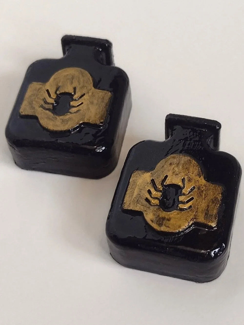 2 Black & Gold Gothic Halloween Apothecary Bottles, Spiders, Flat-back Hand-cast